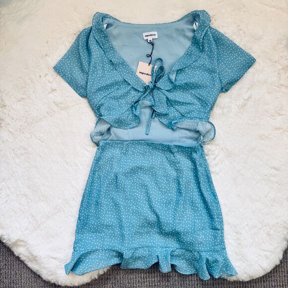 Superdown Polka Dot Ruffle Cut-out Mini Dress XS - Blue - Picture 1 of 3